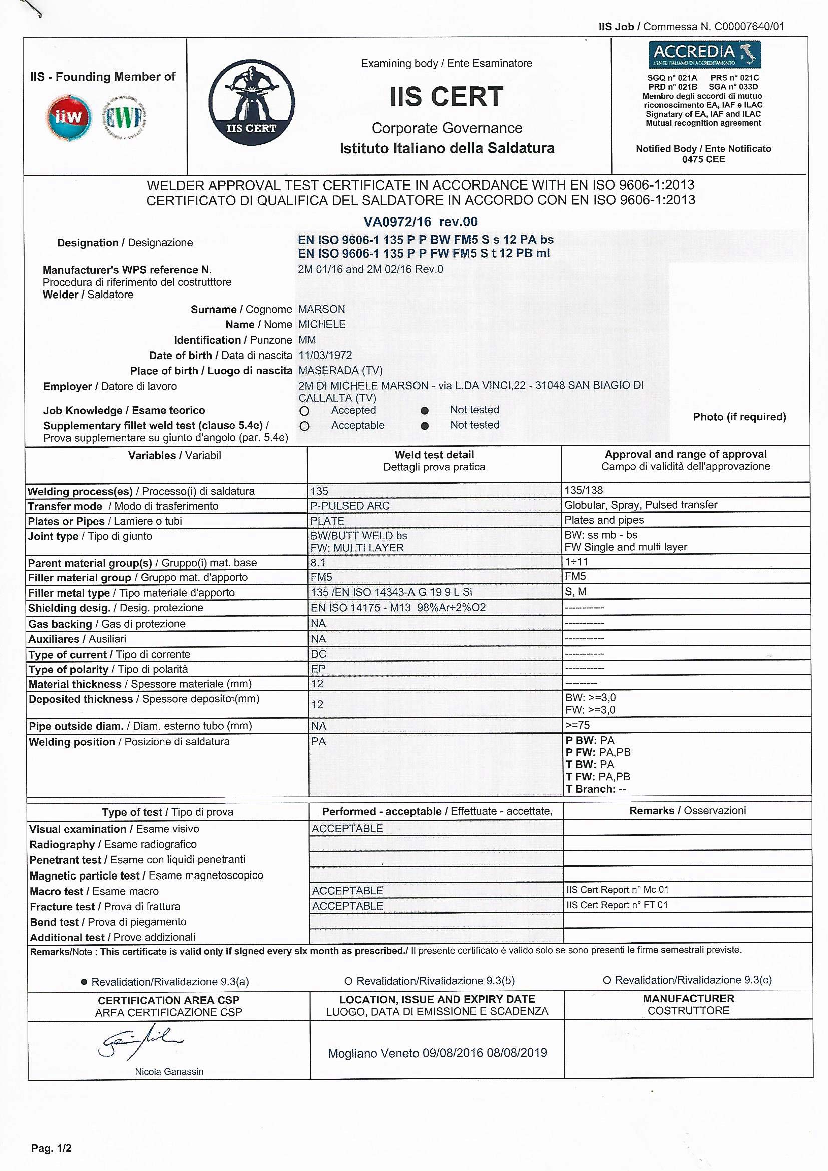 Attestato per saldatura 2018 - Michele Marson
